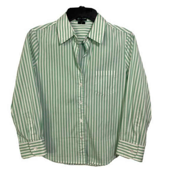 Theory Green White Stripe 3/4 Sleeve Button Up Shirt - Picture 1 of 5